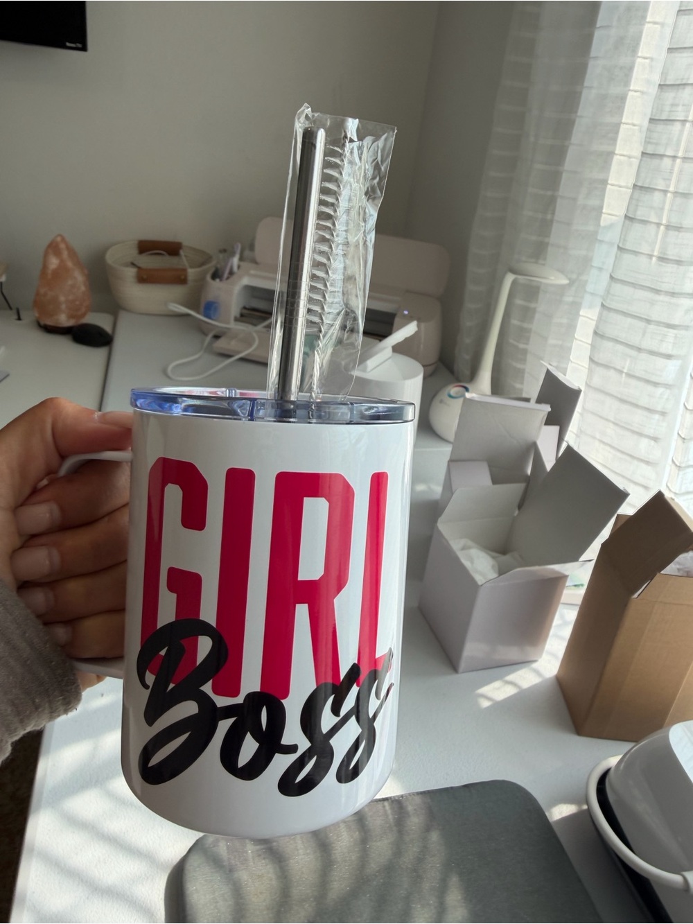 Girl Boss 12 oz Stainless Steel Travel Tumbler - White with Hot Pink & Black